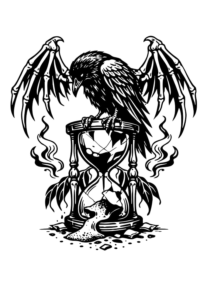 Raven on Broken Hourglass with Bone Wings