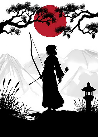 Silhouette Archer with Japanese Landscape
