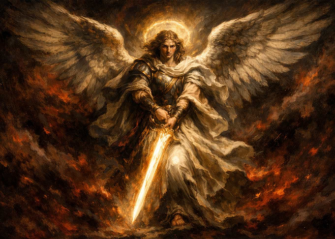 Angel Warrior with Sword in Fiery Realm