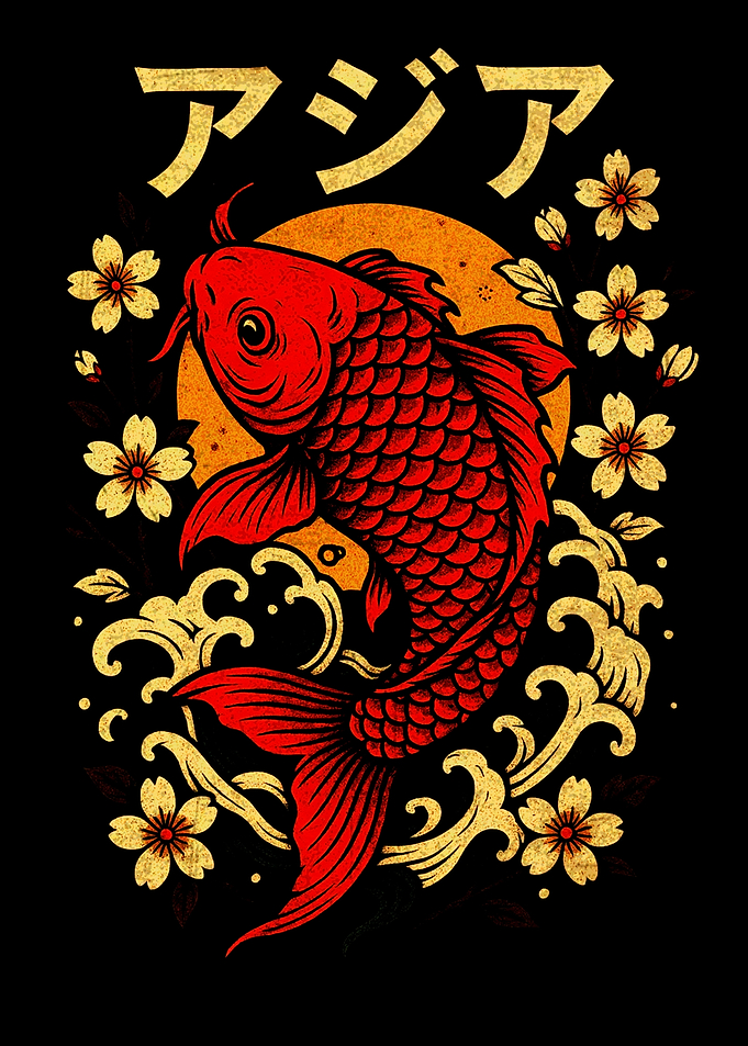 Red Koi Fish with Cherry Blossoms