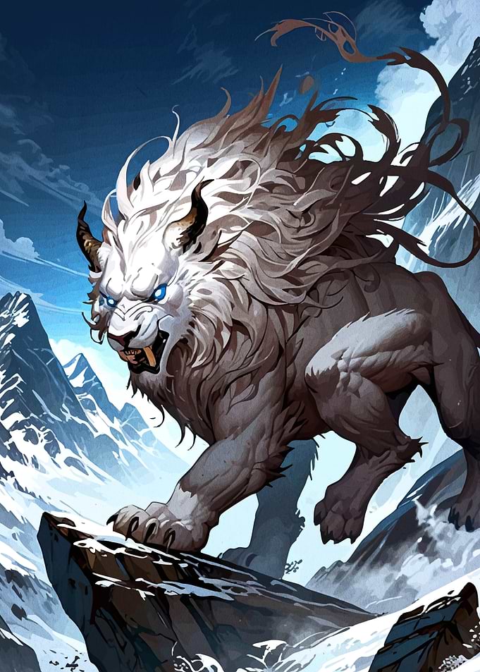 Horned Lion in Snowy Mountains