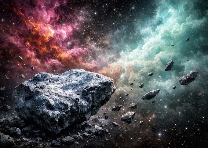 Asteroids in Space with Nebula Background