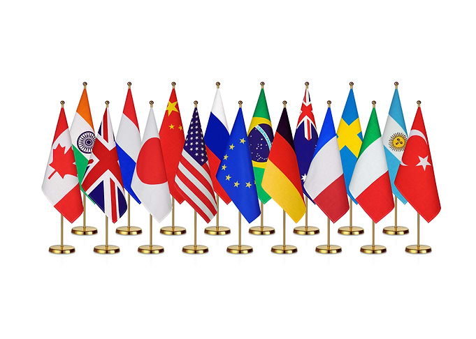 International Flags on Gold Stands