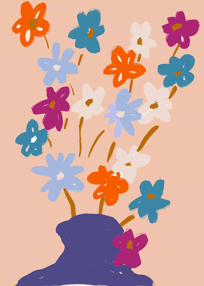 Colorful Floral Arrangement in Blue Vase