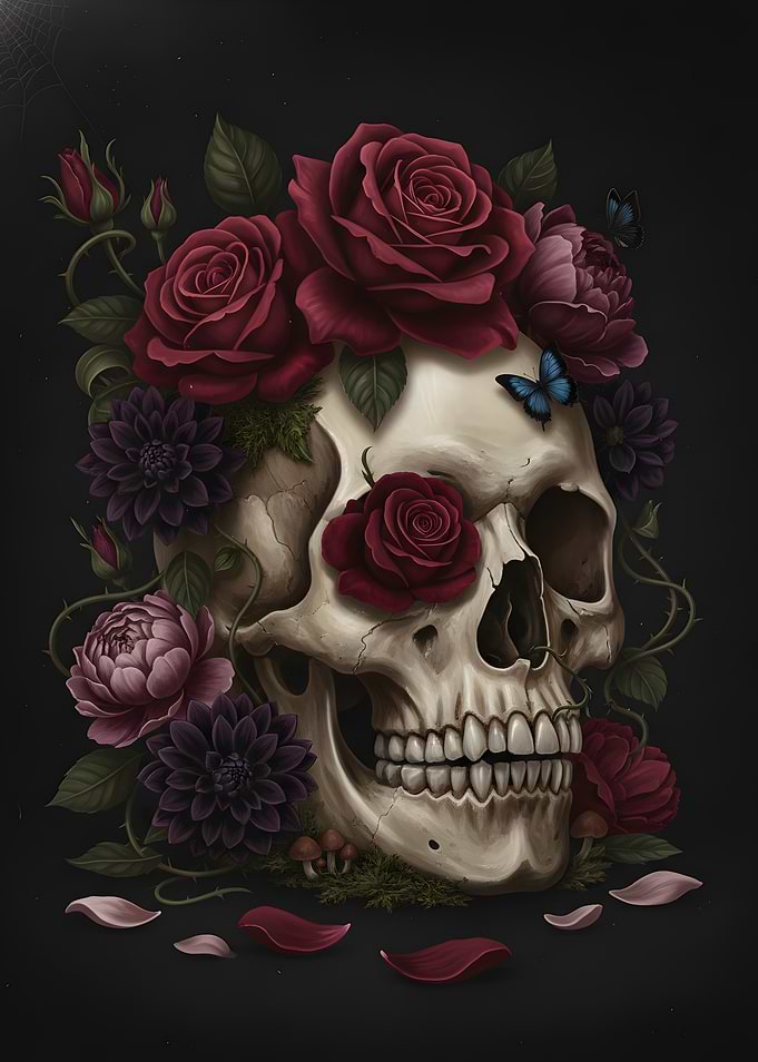 Skull with Roses and Butterflies