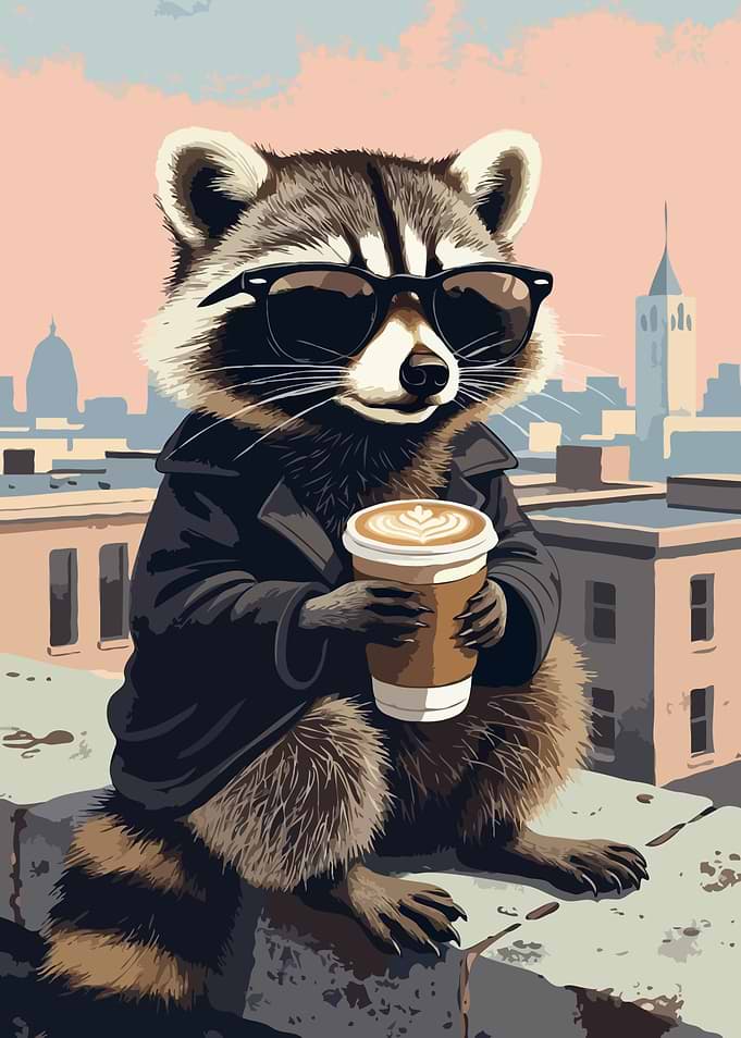 Cool Raccoon with Coffee in City