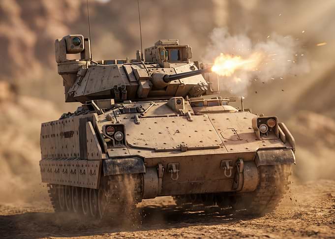 Military Tank Firing in Desert Landscape