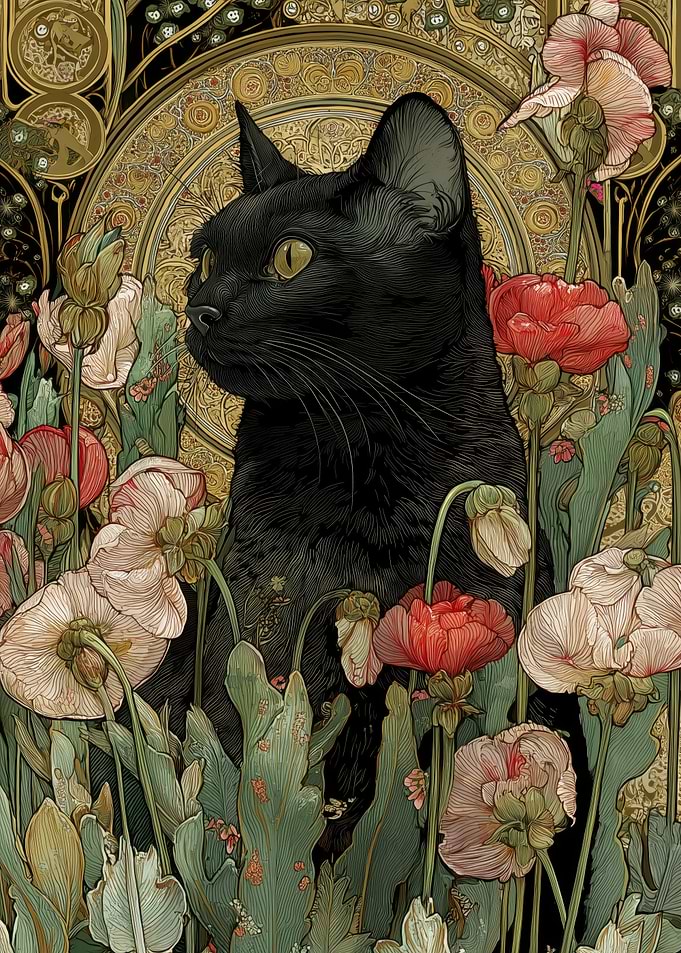 Black Cat in Floral Art Nouveau