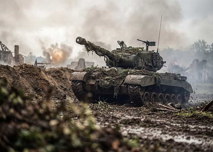 Camouflaged Tank in War Zone