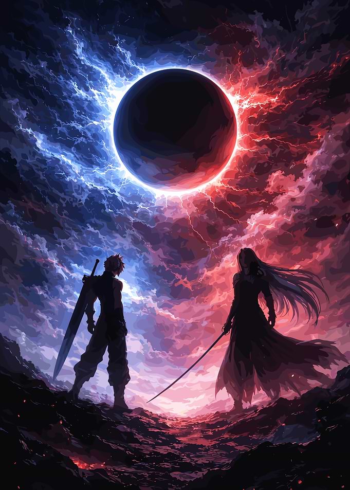 Cloud vs Sephiroth under a dark eclipse
