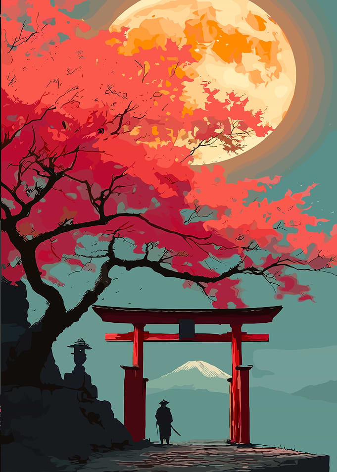 Japanese Landscape with Torii Gate and Samurai