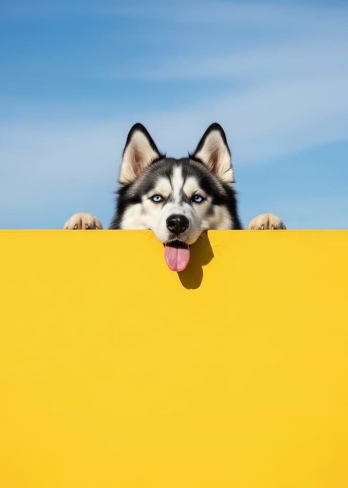 Husky Dog Peeking Over Yellow Wall