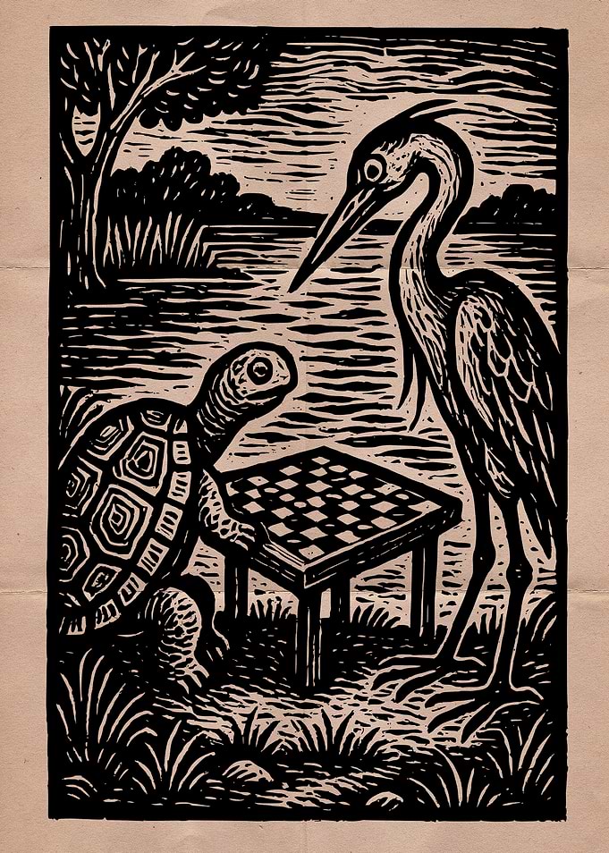 Turtle and Heron Chess Game Woodcut