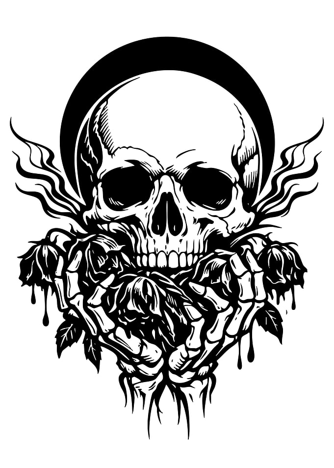 Skull with Roses Black and White