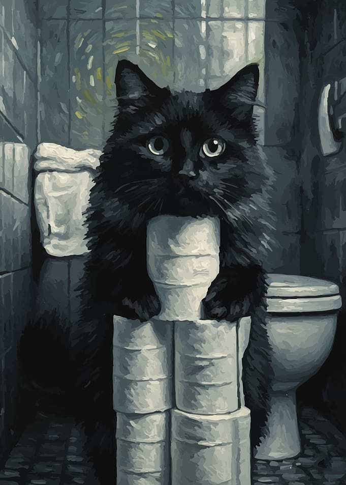 Black Cat with Toilet Paper Painting