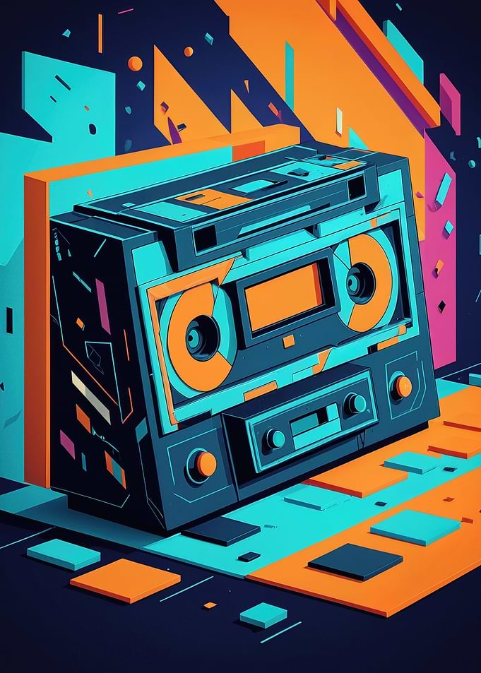 Neon Retro Cassette Boombox — 80s Synthwave Digital Illustration