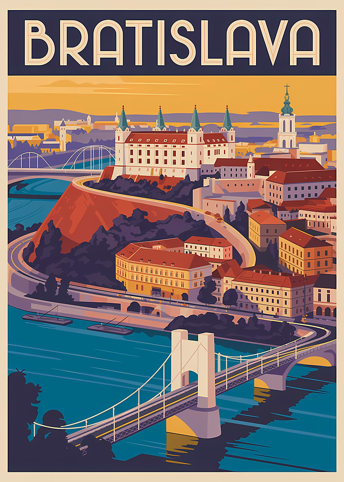 Bratislava Cityscape Vintage Travel Poster