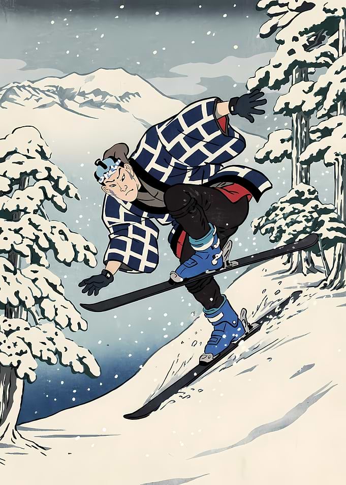 Japanese Skier in Snowy Mountain Landscape