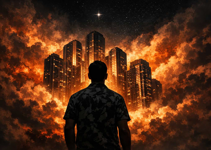 Cityscape Dreamscape with Figure and Clouds
