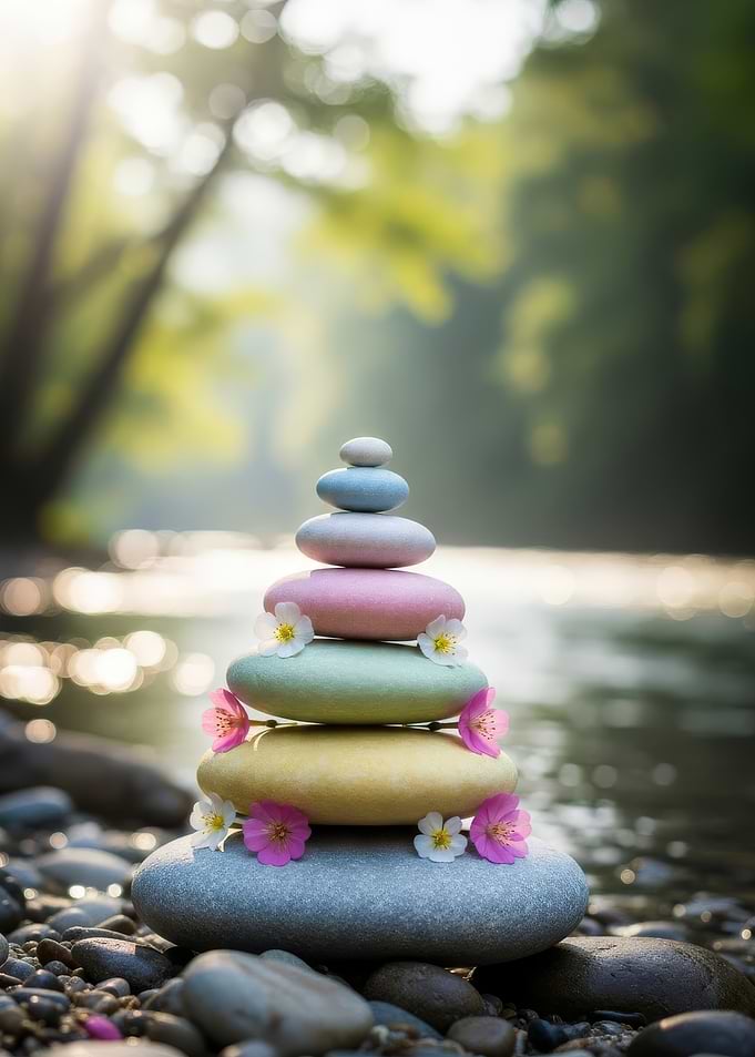 Zen Stone Cairn with Flowers