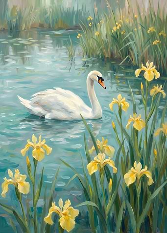Swan in Pond with Yellow Irises