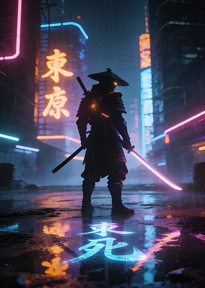 Cyberpunk Samurai in Rainy Cityscape