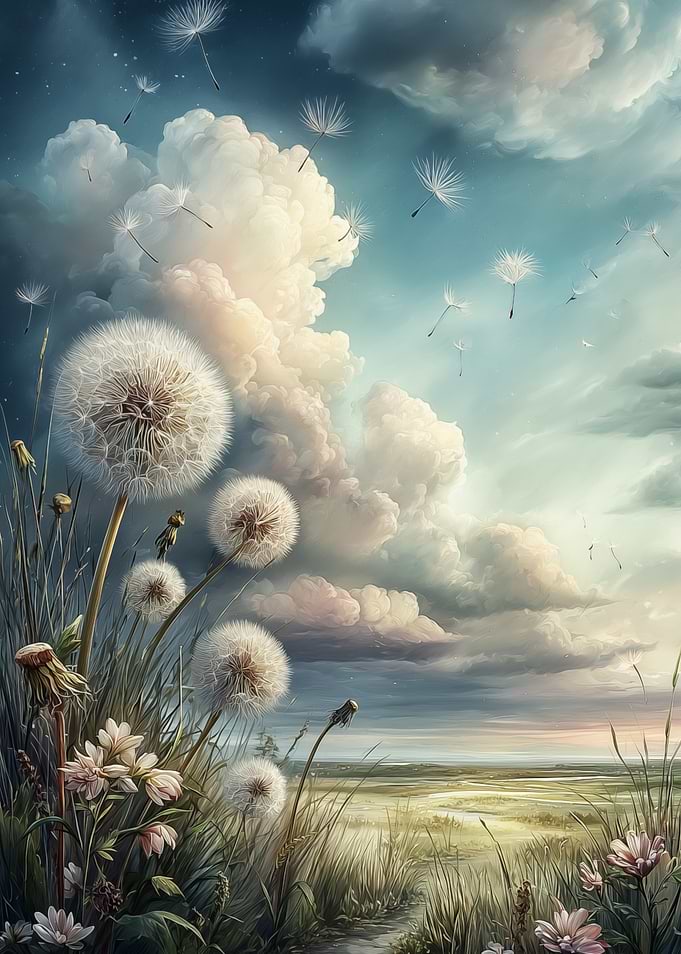 Dandelions in a dreamy landscape