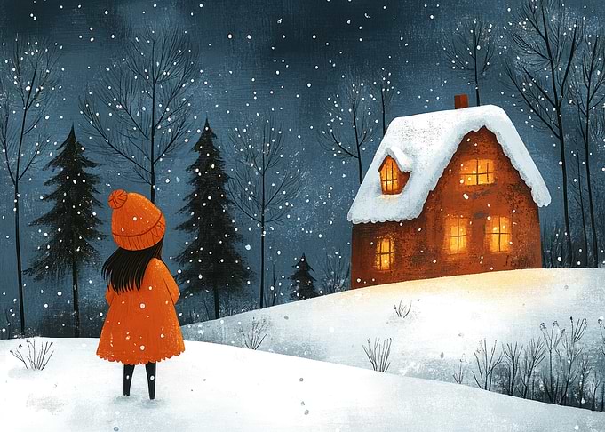 Winter Scene with Girl and House