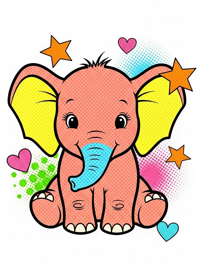 Cute Cartoon Elephant with Stars and Hearts