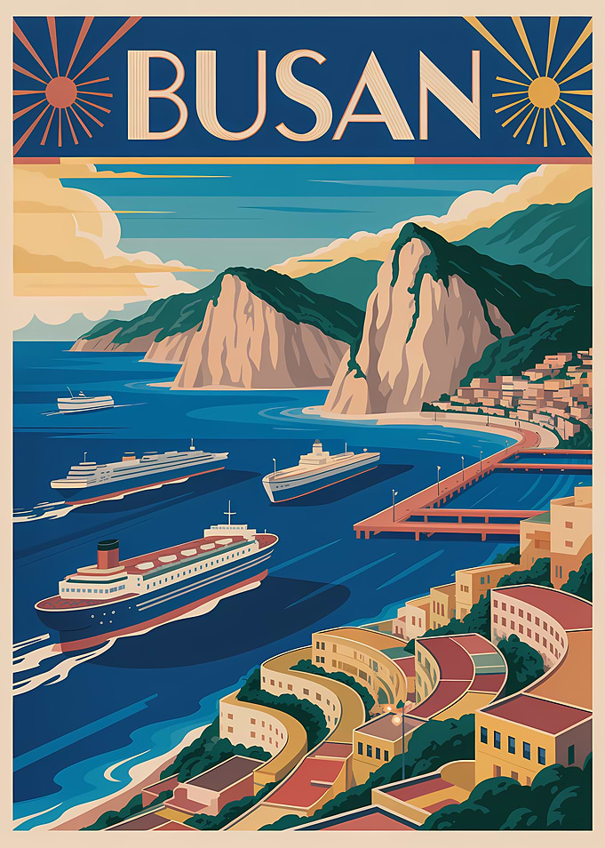 Busan Travel Poster Art Deco Style