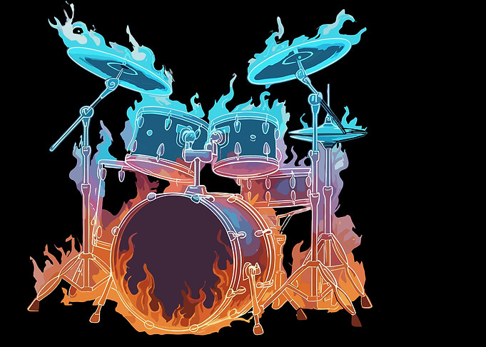 Flaming Drum Set on Black Background