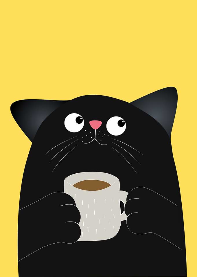 Black Cat with Coffee Cup Illustration