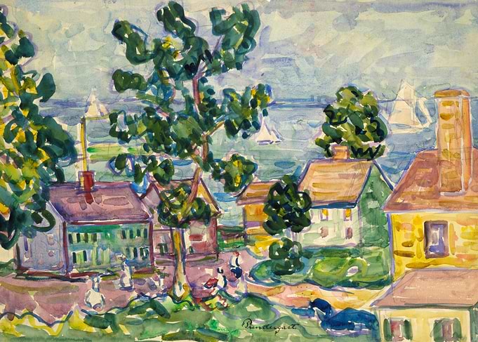 Impressionistic Coastal Village Watercolor Painting