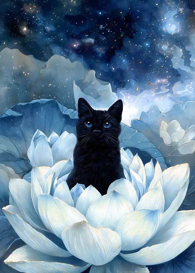 Black Cat in Lotus Flower