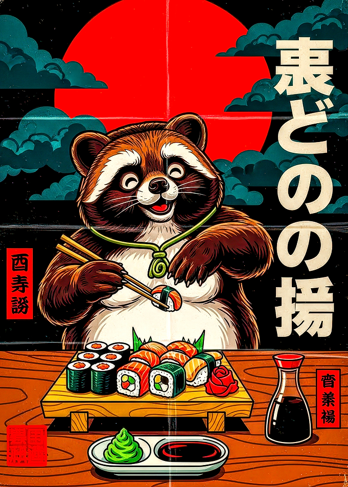 Tanuki enjoying sushi with Japanese text