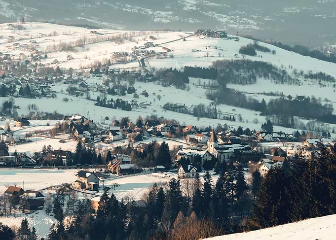 Winter Village Landscape, Beskid Mountains