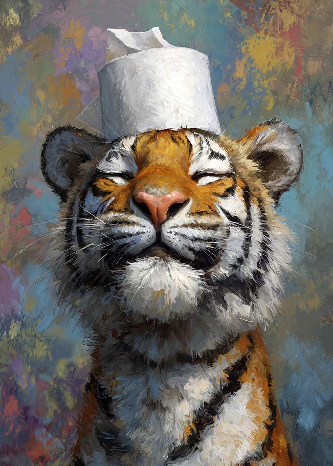 Tiger with Toilet Paper Hat Painting