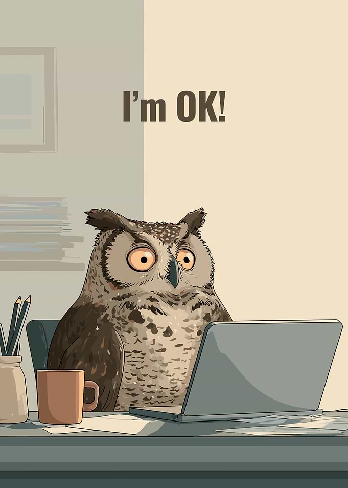 Owl Working on Laptop, 'I'm OK!'