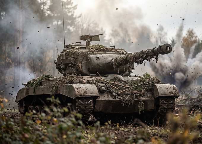 Camouflaged Tank in Action