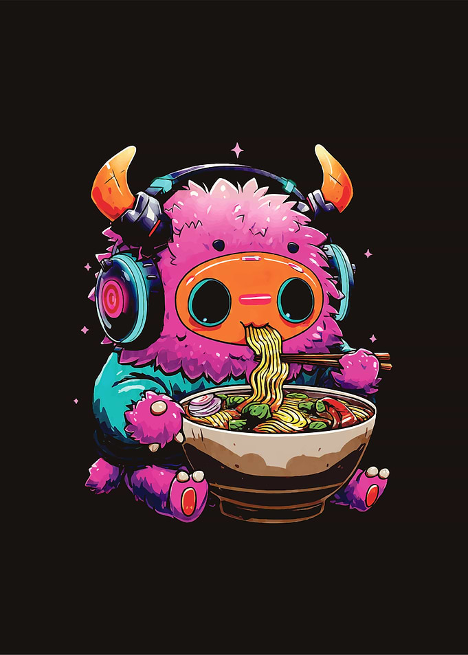 Cute Monster Eating Ramen with Headphones