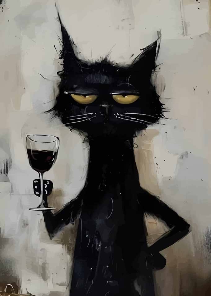 Black Cat with Wine Glass Painting