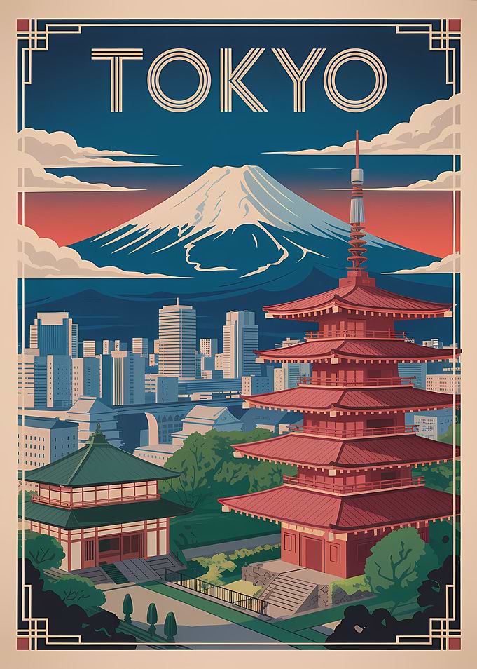Tokyo Travel Poster with Mount Fuji