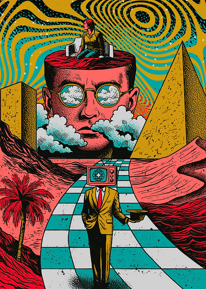 Surreal Mindscape with TV Head Figure