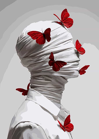 Red Butterflies on Bandaged Figure