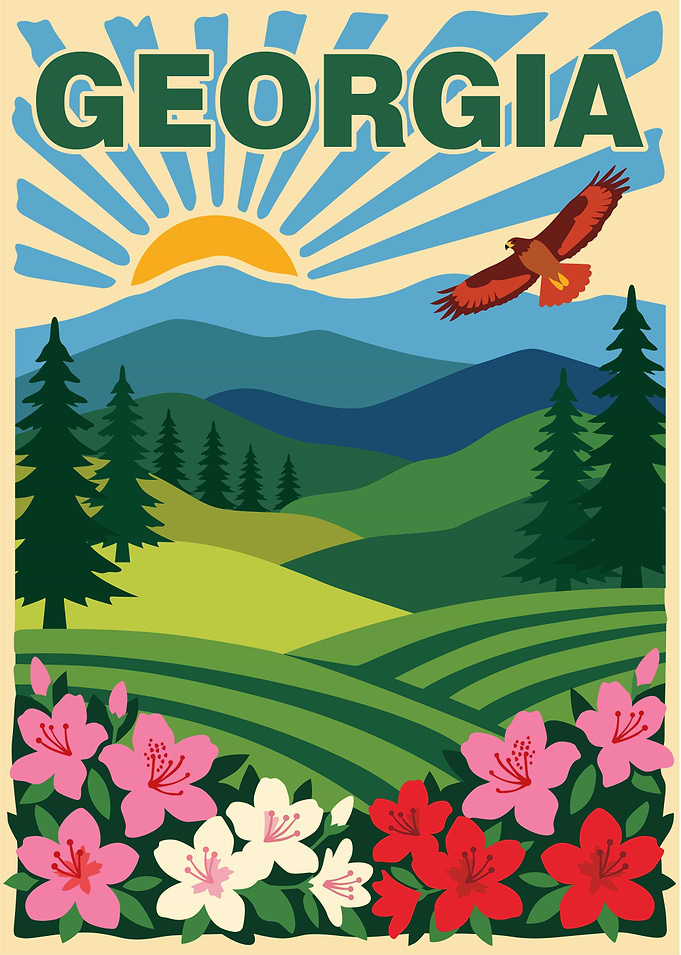 Georgia Landscape with Eagle and Flowers