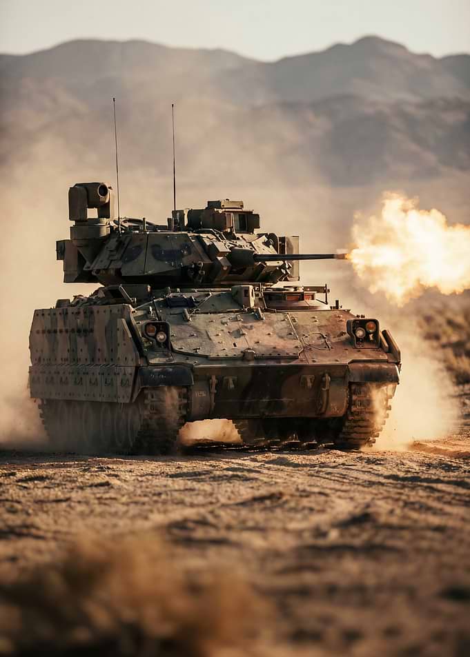 Military Tank Firing in Desert Landscape