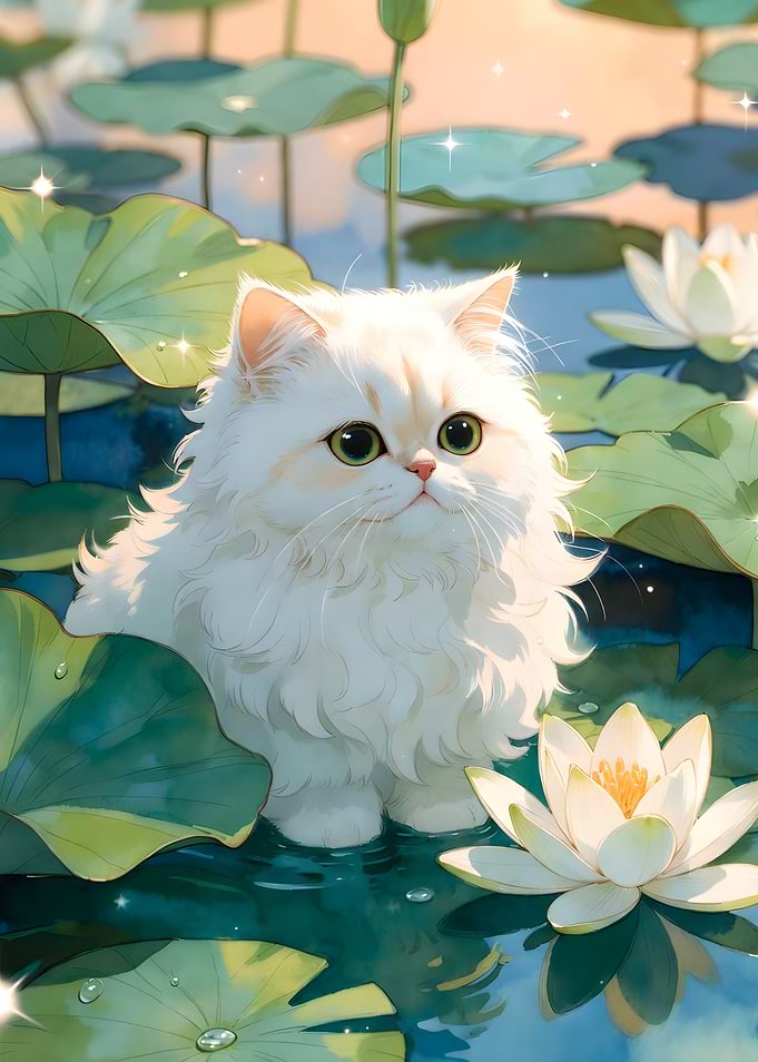 White Cat in Lotus Pond