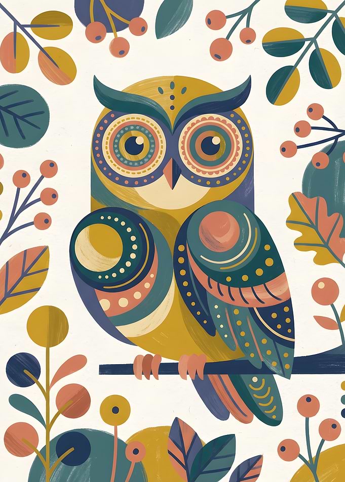 Stylized Owl Illustration with Floral Elements