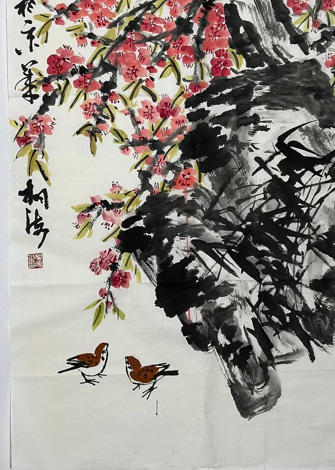 Ink Painting of Birds and Blossoms
