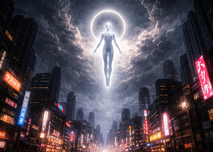 Cyberpunk City with Floating Figure